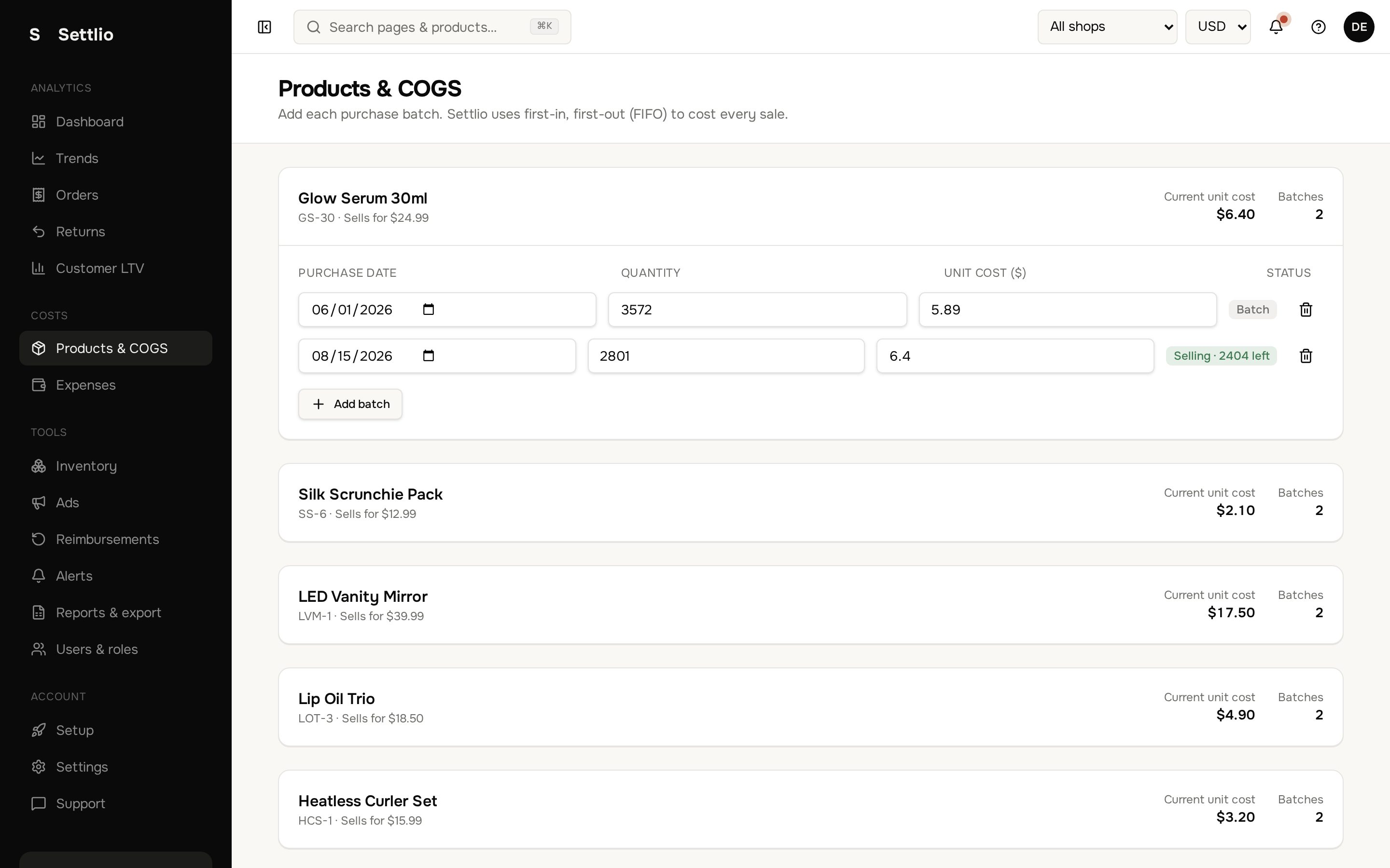 Margilla dashboard — Every SKU with its real unit cost and margin