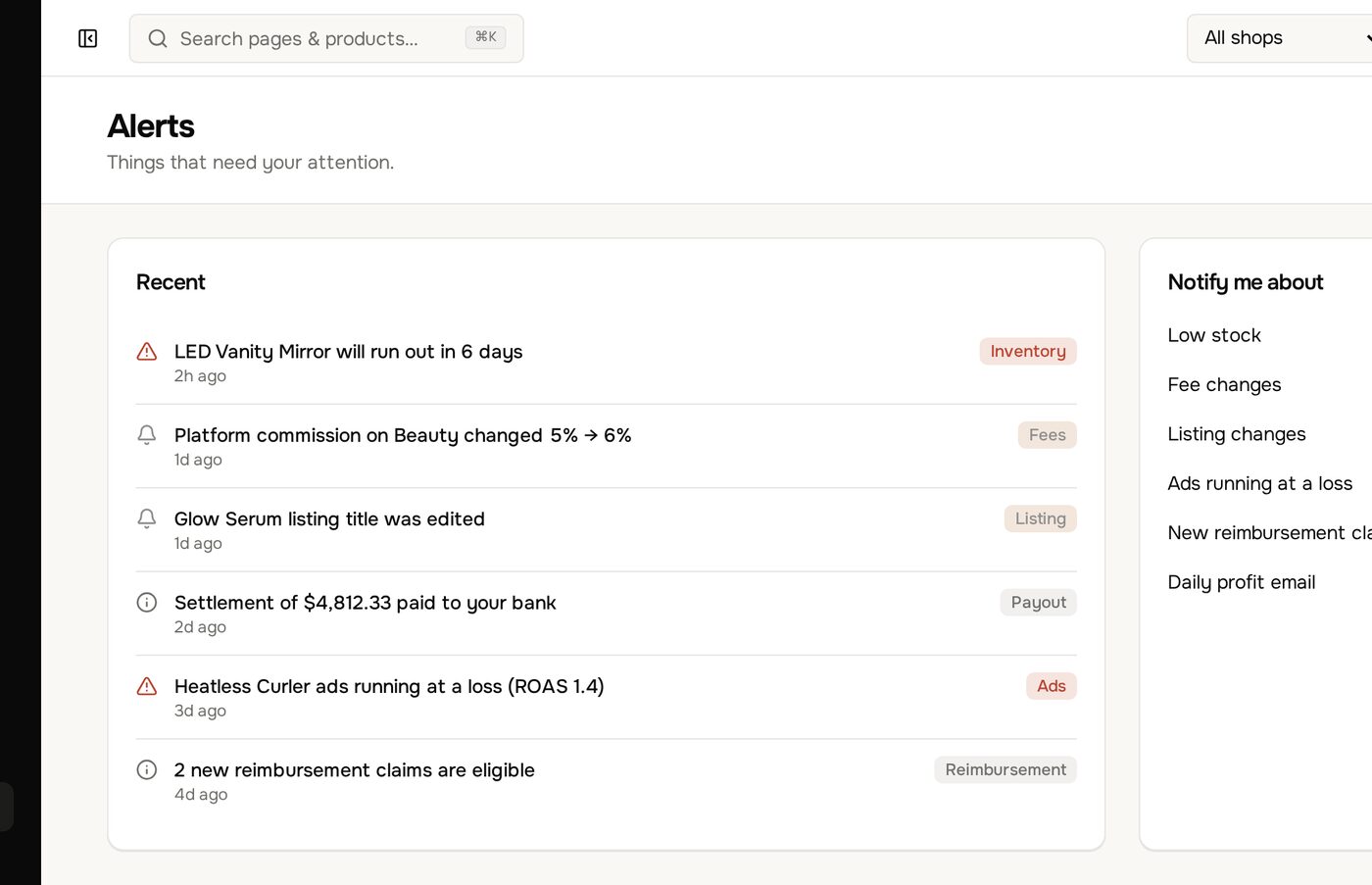 Smart alerts page in the Margilla dashboard