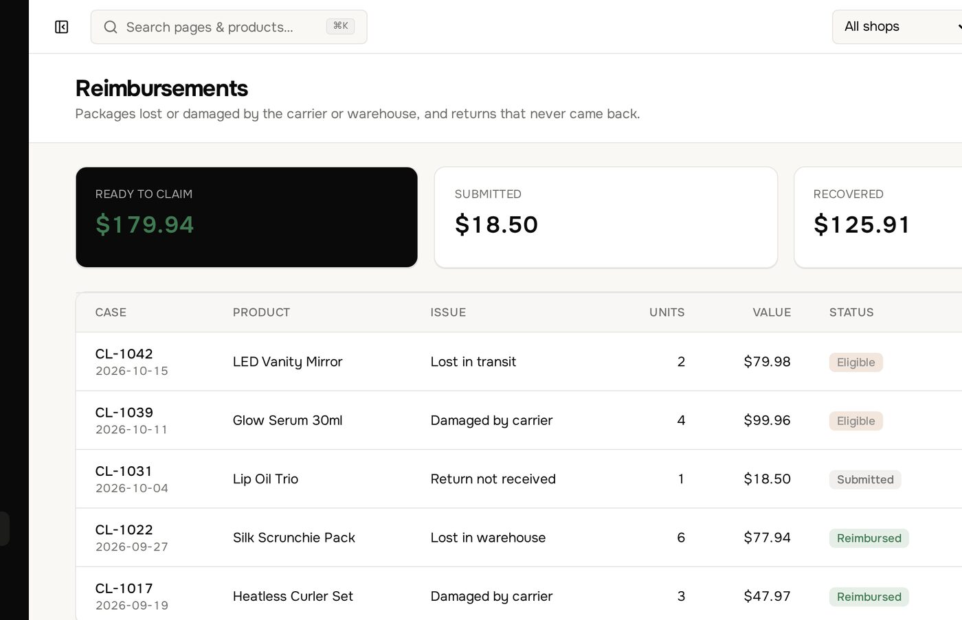 Reimbursements page in the Margilla dashboard